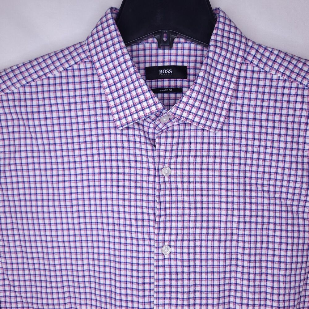 Hugo Boss Dress Shirt Mens 17 Check Tattersall White, Red, Blue 34/35 Sharp Fit
